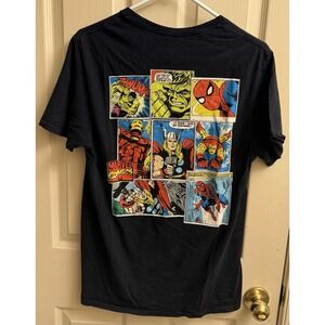 Marvel Comics Avengers Sz L Black T-Shirt Panels Spiderman Iron Man‎ Thor Hulk